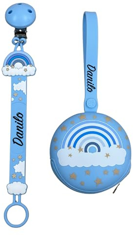 NOVITÁ Fettuccia IN SILICONE, per ciuccio personalizzata con nome, arcobaleno azzurro, BABYJART, lavabile,sicura per il bambino,compatibile con ciuccio MAM e CHICCO AZIENDA ITALIANA, MADE IN ITALY!