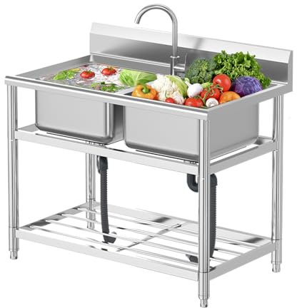 BRCYKRWY Edelstahl Spülbecken,Freistehende Spültisch Gastro 2 Becken,Catering-Spüle Mit Wasserhahn,Gewerbliche Spülbecken,Outdoor-Spüle,für Badezimmern,Bauernhöfen,Hinterhöfen,Küchen