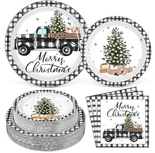 Homlouue Weihnachtspappteller und Servietten, Set für Feiertage, Party-Dekoration, schwarz-weiß, kariert, LKW-Design, moderne Einwegteller