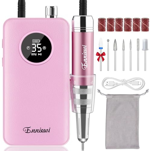 Enniewi Nail Drill 35000 RPM, Portable Electric Nail File for Acrylic and Gel Nails, Rechargeable Professional Nail Drill Machine, Cordless E File Manicure Pedicure Kit for Home Salon, Pink