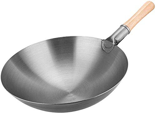 Olla para cocinar, Wok Acero al Carbono, Wok Hierro Forjado a Mano, Wok Profesional Chino Tradicional Acero al Carbono Martillado a Mano con Madera Olmo Primera Calidad y Mango Auxiliar Acero