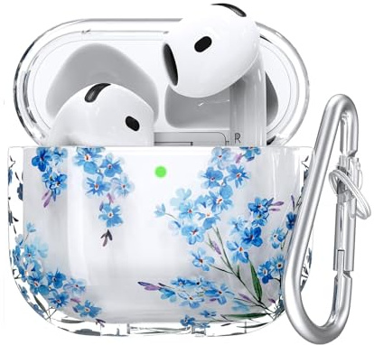 VISOOM Kompatibel mit Airpods 4 Hülle, TPU Blau Blumen Airpods 4 Case 2024 Weiches Stoßfest Niedlich Transparent Schutzhülle mit Karabiner, Unterstützung drahtloses Aufladen(Blue Flower)