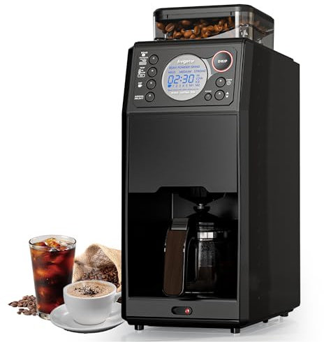avigator Coffee Maker with Grinder, 24H Timer Programmable 5 Cup Hot and Iced Coffee Machine Features Removable Reservoir Glass Carafe for Home and Office, Black