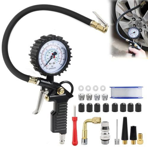 Numérique Manometre Pression Pneu, 220PSI Manomètre Compresseur, Portable Pistolet Gonfleur Pneus Voiture avec 24 Accessoires pour Voiture Moto Vélo