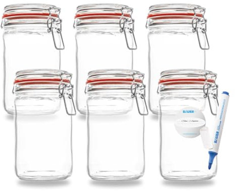 Flaschenbauer Lot de 6 bocaux de conservation à étrier métallique 1150 ml Convient comme bocal de conservation et de fermentation, pour le rangement, à remplir, avec étiquettes, bocaux avec étrier