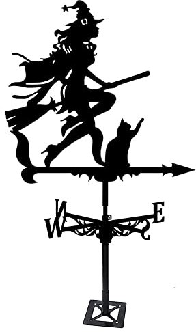 Wetterfahnen-Ornament, Wetterfahnen für Schuppen, Wetterfahne „Hexe und Katze“, Wetterfahne aus Metall und Edelstahl mit Windrichtungsanzeiger, Windfahne mit Metallhalterung für die Dekoration im Gar