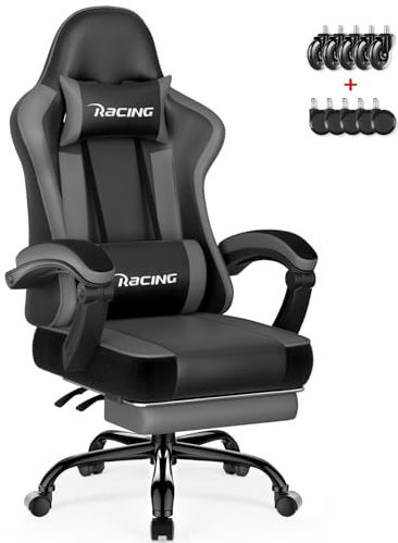 Homimaster Gaming Stuhl, Ergonomisch Gaming Chair mit verstellbare Lendenkissen und Kopfkissen, Gamer Stuhl mit Fußstütze, Gaming Sessel bis 150kg Belastbarkeit, Grau