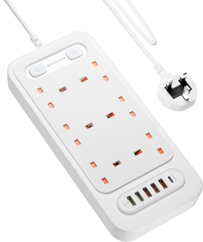 BOCHLION Extension Lead with 6 USB Slots, 6 Way Plug Extension Socket Surge Protection Power Strip with 2M Extension Cord Wall Mounted for Home Office-White