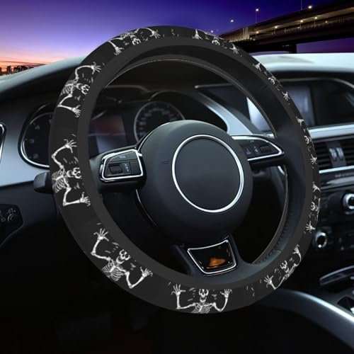 Mexpekil Lenkradbezug, 38,1 cm, lustiges menschliches Skelett, Totenkopf, tanzend, universal, rutschfest, Neopren, Auto-Lenkradabdeckung, Auto-Innendekoration
