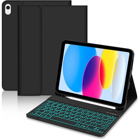 Hofsos Hülle mit Tastatur für iPad A16 11 10 Generation 2025 2022, 11/10,9 Zoll - 7 Farben Beleuchtung Magnetische Abnehmbar QWERTZ Layout Tastatur mit Stifthalter für iPad 11. /10. Gen, Schwarz