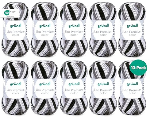 Gründl Lisa Premium Color, 10 x 50 g, Anthrazit-Grau | Garn zum Stricken mit Farbverlauf - Häkelgarn - Weich und hautfreundlich - 100 % Polyacryl 50 g / 133 m -Nadelstärke 3,5-4,5