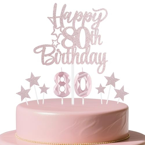 mciskin Rose Gold 80th Birthday Candles Cake Toppers Set,80th Birthday Decorations for Women,Number 80 Candle for Cake,Rose Gold Candles Star Cupcake Toppers for Women Girls Birthday Party Supplies