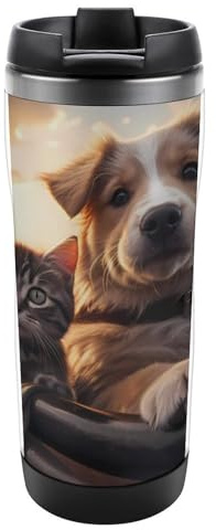 Lindos vasos de perro y gato con tapa, taza de café de acero inoxidable, taza de café aislada para casa, oficina, viajes