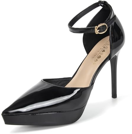 QiBusLeen Escarpins habillés en cuir verni avec sangle de cheville pour femme - Confortables de 10,2 cm - Bout pointu, Noir , 38 EU