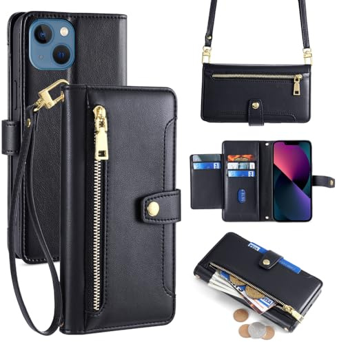 ERDARARIPRO Étui pour Apple iPhone 17 avec dragonne, étui de Protection à Rabat avec Support et Fermeture éclair magnétique, 6 emplacements pour Cartes + 1 Compartiment pour l'argent Liquide, en Cuir