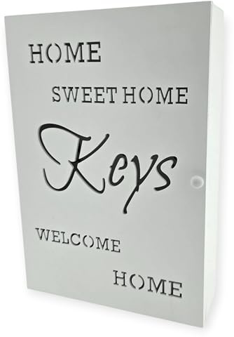 WB wohn trends Schlüsselkasten aus Holz, Shabby Weiß, Home Sweet Home Welcome Design, 32x22x7cm, Schlüsselbrett mit Schlüsselhaken