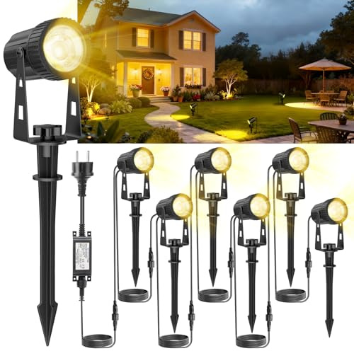 6 Gartenbeleuchtung LED, Gartenstrahler LED Außen Wasserdicht mit Warmweiß 3000K, IP67 Wasserdichter, 20m 24V Gartenleuchten mit Adapter, Gartenstrahler für Terrasse, Gartenweg, Party, Rasen, Erdspieß