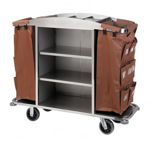 Carrello di Pulizie Commerciale con 2 armadi, Carrello di Pulizia Tradizionale a 3 Ripiani su Ruote con Copertura per Il Personale di Pulizia in Hotel e Appartamenti,A,Stainless Steel