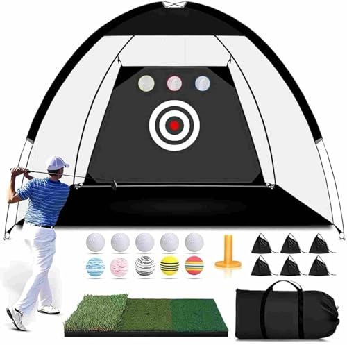 3x2.1M Golf-Übungsnetz für das Training im Garten 10x 7ft, im Haus und im Freien, Golf-Schlagnetz mit dreifarbiger Rasenmatte, 10 Golfbällen und Tee, ideal für Abschläge, Chips und Schwungübungen
