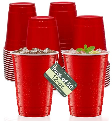 Zuvo Red Party Cups 12oz, Plastic Disposable Cups 50 Pack | Rigid moulded construction, break-resistant, for cider, punch, juice, soft drinks, cocktails and mixers