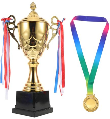BESPORTBLE Set Trofei Sportivi 42 Cm con Coppa d'oro e Medaglie in Metallo per Tornei di Calcio e Gare di Atletismo, Premio Evento Sportivo per Scuole e Club
