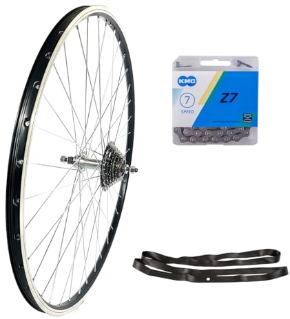 28 Zoll Hinterrad, Aluminium Hohlkammerfelge Geöst 36 Speichen, 7-Fach Schraubkranz 14-28 Zähne, mit Z7 Kette 114 Glieder, Schwarz-Silber