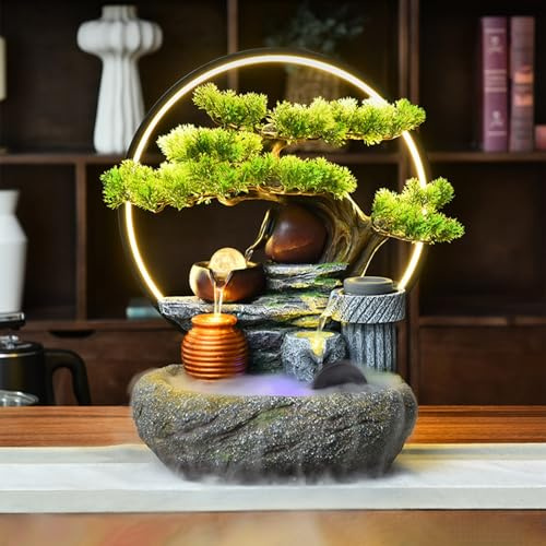 Table Fountain, Indoor Water Fountain Tabletop Waterfall, Tiered Cascade Design, Water Feature Indoor, for Home Office Bedroom Relaxation Decor(15.8x11x21in)
