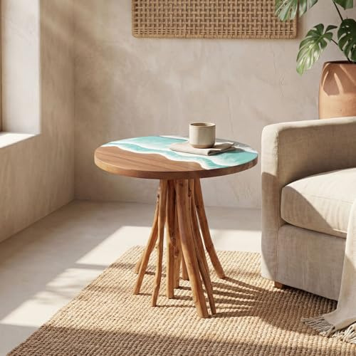 Generisch Beistelltisch Teak Holz massiv B: 60 cm rund Baumscheibe Epoxidharz Meer Design handgefertigtes Unikat Bali Beistell Tisch
