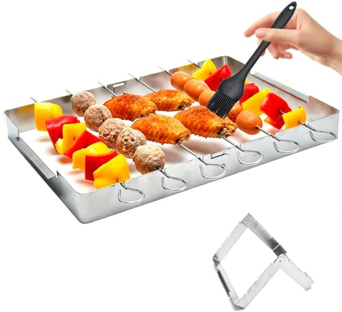 yotutun Brochetas de Barbacoa de Acero Inoxidable, Pinchos para Barbacoa con Soporte Juego de Brochetas Kebab Reutilizables con Cepillo Pinchos BBQ con Soporte para Carne Camarones Pollo Verduras