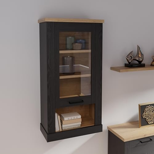 Forte Duro Hängevitrine 70, Moderne Landhaus Hängevitrine mit Glastür, Wohnzimmer, Holzwerkstoff, Riviera Eiche/Cabezone Eiche Holzdekor, 71,2 cm breit x 136,5 cm hoch x 34,4 cm tief