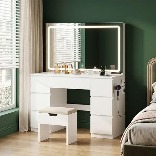 Devoko Schminktisch mit Beleuchtung und Hocker, 115cm Schminktisch mit Spiegel, 7 Schubladen & Steckdose, Moderner Frisiertisch mit LED Licht, Makeup Tisch mit Stuhl, Weiß