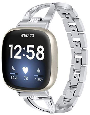 Kompatibel für Fitbit Versa 4/Versa 3 Metallband, Frauen Mädchen Slim Bling Edelstahl Versa 3 Armband Ersatz Uhrenarmband Band Armband für Fitbit Versa 4/Sense 2/Sense (Silber)