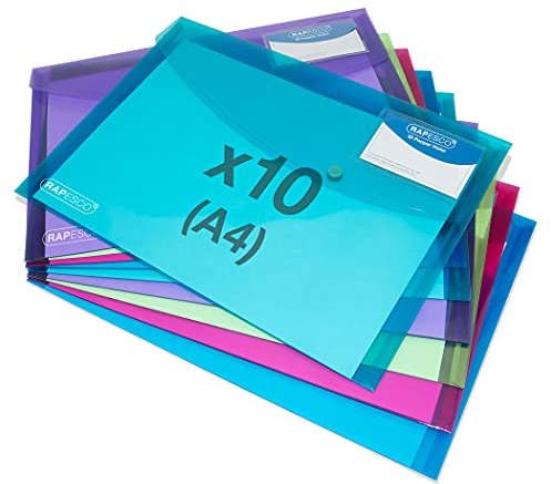Rapesco 1681 ECO Kuvertmapp, Återvunnen Plast, Märkfönster, A4, Blandade Transparenta Klara Färger, 10-Pack