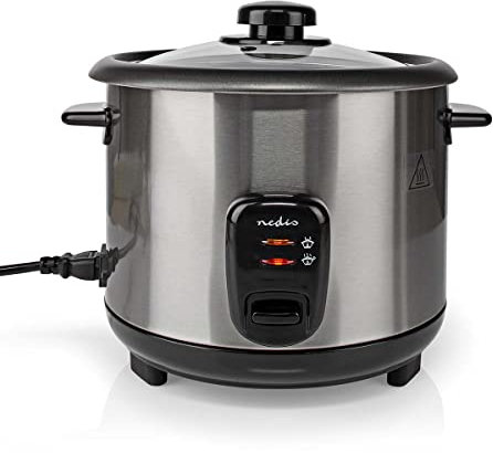Nedis KARC115AL Arrocera Eléctrica – Capacidad 1,5 L – 500 W – Acero Inoxidable – Función Mantener Caliente – Revestimiento Antiadherente – Negro/Plateado