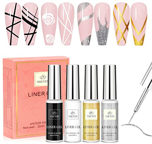 YSUVIN Liner Gel Nagellack, 4 Farben Gold Silber Weiß Schwarz Painted Gel Liner Nail Art, Soak Off UV Nagellack für Frauen Home DIY Nail Salon Maniküre, 8ML