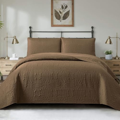 XIUWOUG Tagesdecke 240X260 cm Bettüberwurf Steppdecke Doppelbett Gesteppt Mikrofaser Bettdecke Stepp Decke 3 Teilig Wohndecke Mit 2 Kissenbezug Für Schlafzimmer,Braun,230x250cm