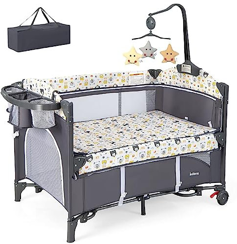 Baby Travel Cot, 5 in 1 Foldable Baby Bedside Sleeper with Bassinet Diaper Changer Mattress Carry Bag Music Box Hanging Toys, Portable Crib Playard Pack and Play for Newborn Infant (Bear)
