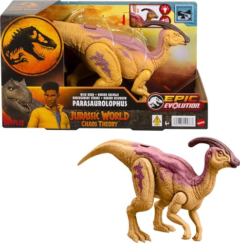 Mattel Jurassic World: Kaosteori Netflix - Wild Roar Parasaurolophus-dinosauriefigur med ryggrad med ljuseffekt och vrålande ljud, ställbar leksak och digital lek, HTK75