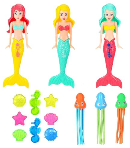 14Pcs Pool Diving Toys Set,Mermaid Underwater Diving Toys Swimming Pool Toys Set Water Toy with Diving Mermaid,Fun Squid Dive Toys, Marine Gem Diving Games Underwater Training Pool Rings for Kids
