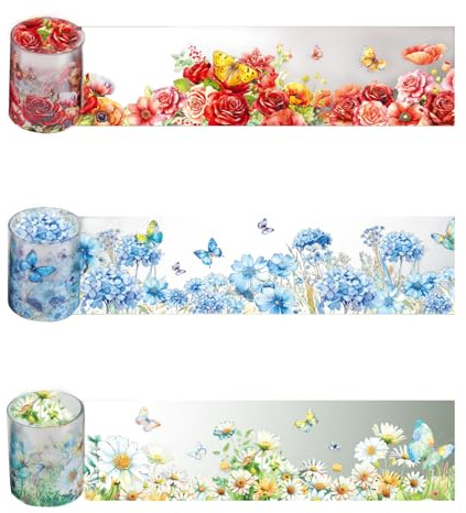 HNLMZ Washi Tape Set, 3 rullar klippbok klistermärken, blommor PET Washi tejp, PET transparent dekorativa klistermärken för klippböcker, dagböcker, anteckningsblock används och gör-det-själv-fotoalbum