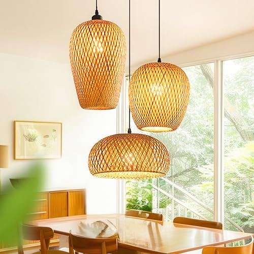 Msiocio Rattan Hängelampe Wohnzimmer Bambus Pendelleuchte im Retro Boho Stil, Vintage Esstisch Pendellampe E27 Pendellampe 3 LeuchteLandhaus Hängelampe für Schlafzimmer Küche Esszimmer