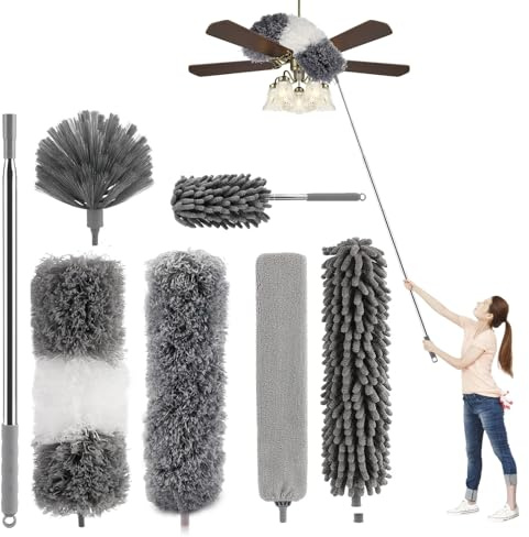 Lot de 7 plumeaux télescopiques, tête de Loup - Longueur maximale : 256 cm - en Microfibre Lavable - pour plafonds - Gris