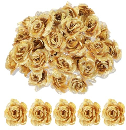Psyqtsuary 30 Stück Gold Künstliche Rosenköpfe, 7cm Glitzer Seidenrosen Künstliche Rosen Blütenköpfe für Hochzeit Blumenstrauß Arrangement Basteln Party Haus Garten Deko Tischdeko