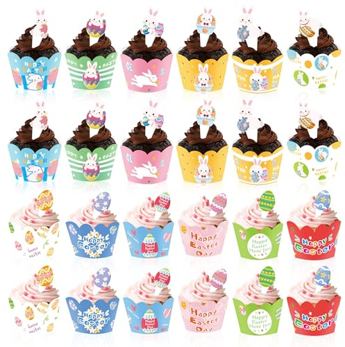 48 Piezas Toppers y Wrappers para Cupcakes de Pascua, Decoración para Tartas con Temática de Conejos, Adornos para Postres en Celebraciones de Pascua y Cumpleaños