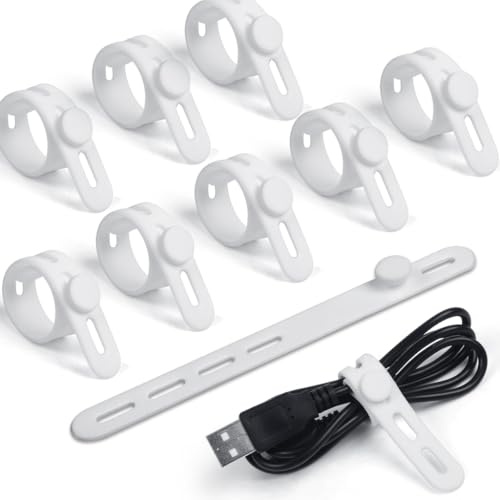 YOYUSH Silicone Cable Ties, 10 Pcs Adjustable Zip Ties with Lock Buckle, Reusable Cable Straps for Home Office Travel, Elastic Cord Organizer for Power Cords, USB Cables, Charging Cables(White)