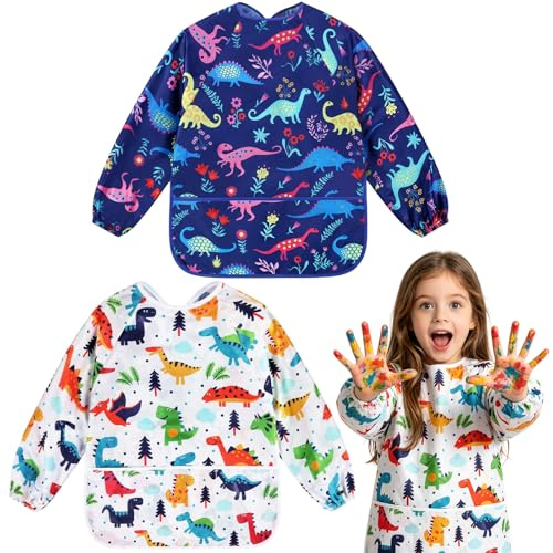 Malkittel Kinder wasserdicht 2er Set, Malkittel mit langen Ärmeln und 3 Taschen, Waschbare Bastelschürze für Mädchen und Jungen 3-8 Jahre, Kinderschürze für Malen, Basteln, Zeichnen und Kochen