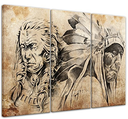 Bilderdepot24 Wandbild Indianer VII, Tattoo Art - 150x90 cm quer mehrteilig Leinwandbilder Bilder als Leinwanddruck Fotoleinwand Urban & Graphic - Amerika - Indianer in Sepia