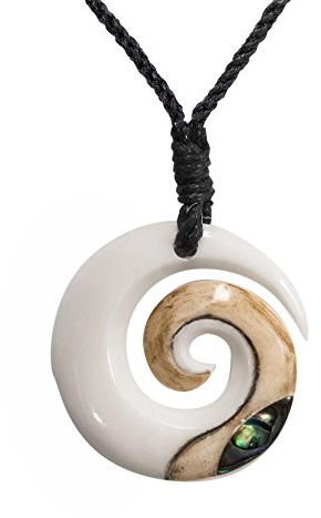 81stgeneration Handgeschnitzter Koru-anhänger aus Echtem Knochen mit Echter Abalone-Muschel | Schwarze Kordel Hawaii Halskette | Schmuck im Maori-Stil | Runde Spiralwirbel-Surfer-Halskette für Männer
