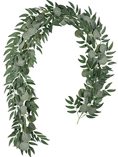 Famibay Artificial Eucalyptus and Willow Garland Greenery Eucalyptus Vines 6.5Ft Green Leaves Garland Hanging Plant for Wedding Wall Table Runner(1Pcs)