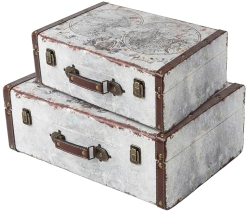 HMF Vintage Deko Koffer aus Holz, Aufbewahrungsbox mit Deckel und Ledergriff, stilvolle Aufbewahrung und Geschenkidee für Hochzeit oder Geburtstag | Weltkarte | 2er Set, 38 + 44 cm